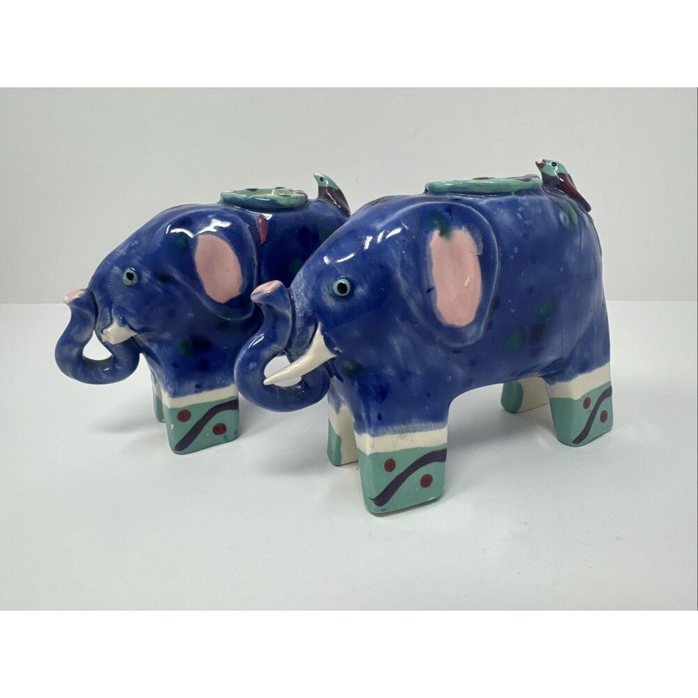 2x Chesapeake East Ceramic Elephant Blue with Bird with Candle Holder Trunk READ